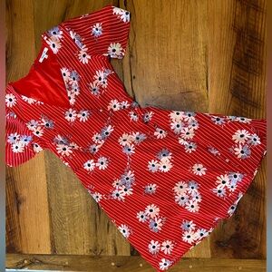 Madewell Tomato Red Dress, Cream Stripes, Floral Print, V-Neck, Faux Wrap, Sz 4